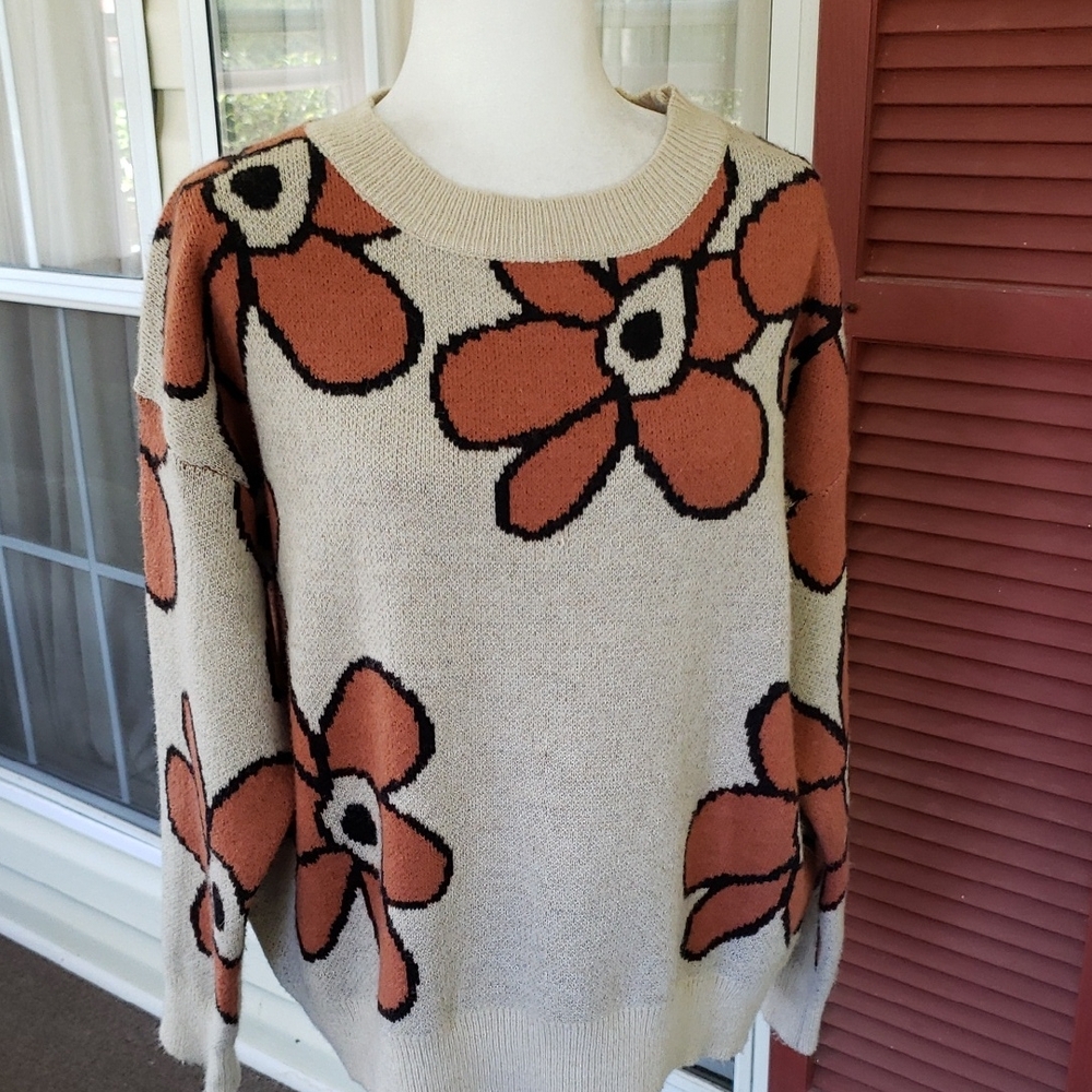 HIDSON GRAY Bohemian Boho Floral Patterned Sweater - Cream and Orange‎